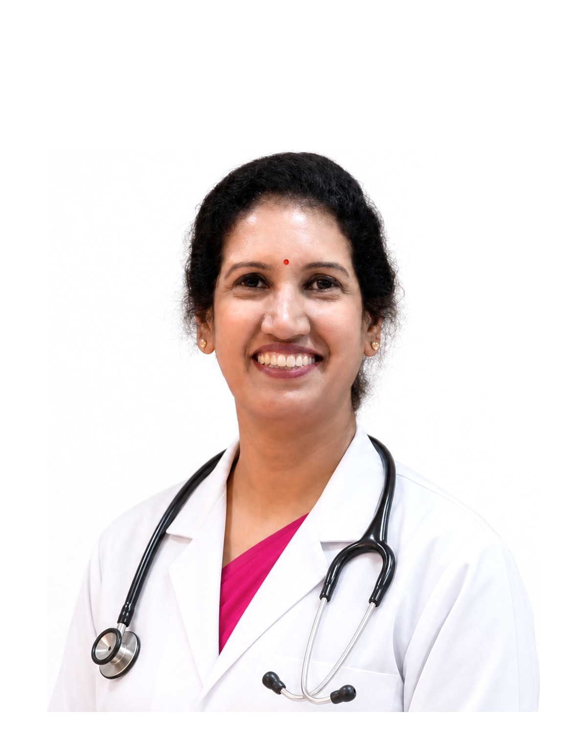 Dr. Premila Ranghaswami in white coat and stethoscope — gynecology specialist at Dr. Pujar Hospital Rabakavi Banhatti